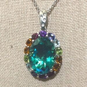 925 Sterling Silver Rainbow CZ Gemstone Pendant with 925 Chain 25” both 8.51g